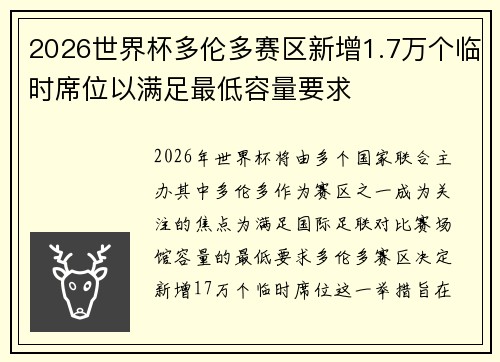 2026世界杯多伦多赛区新增1.7万个临时席位以满足最低容量要求