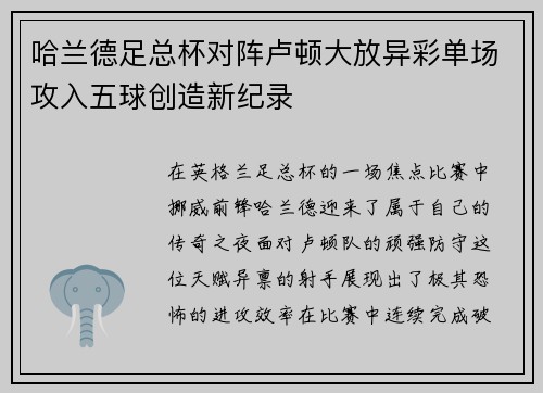 哈兰德足总杯对阵卢顿大放异彩单场攻入五球创造新纪录